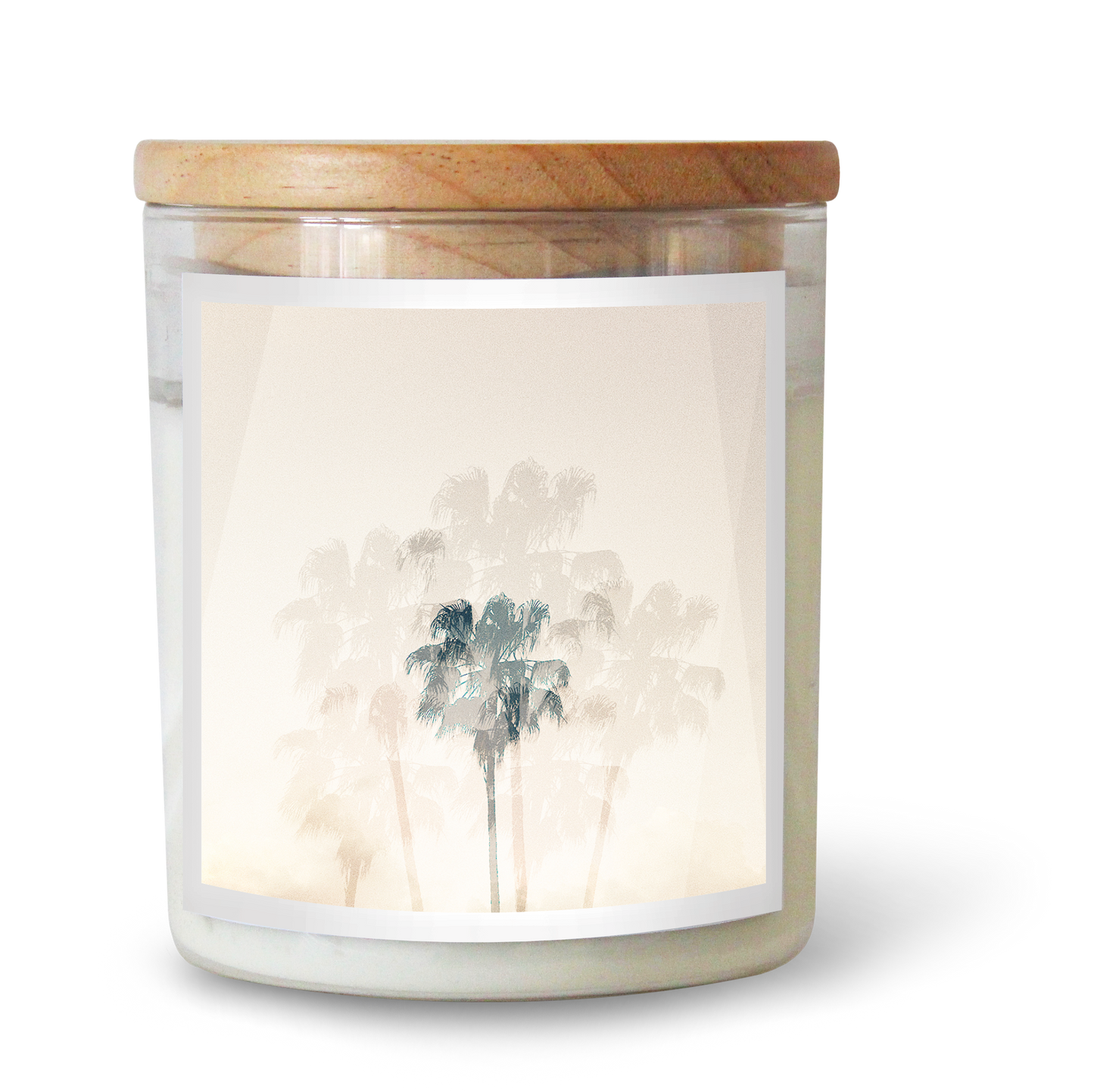 The Commonfolk scented white candle with a wooden lid features a double exposure of a palm tree on a beige background.
