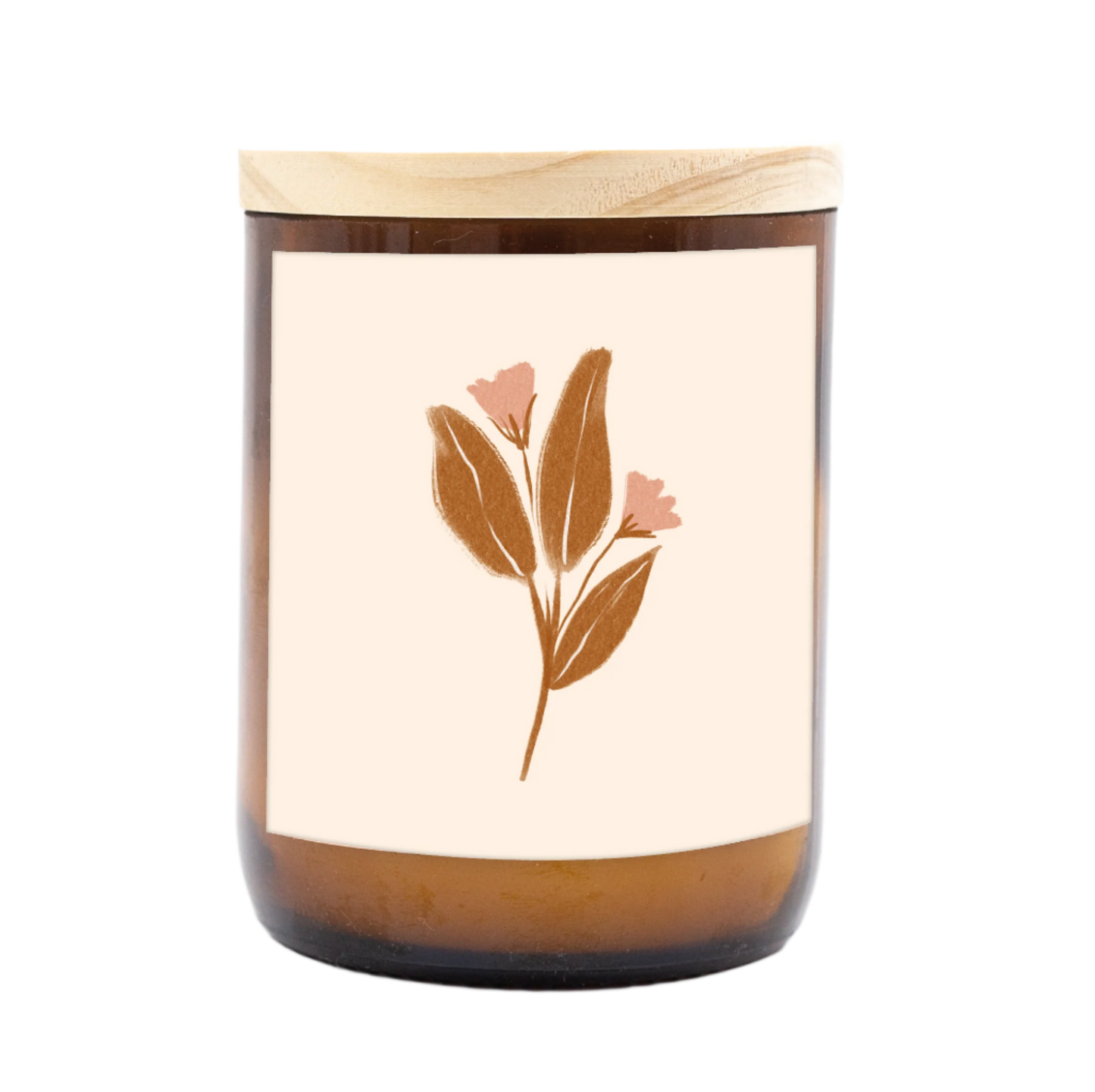 The Commonfolk scented mid-sized candle has a floral design on its label, featuring a predominantly white background with a single flower illustration towards the bottom.