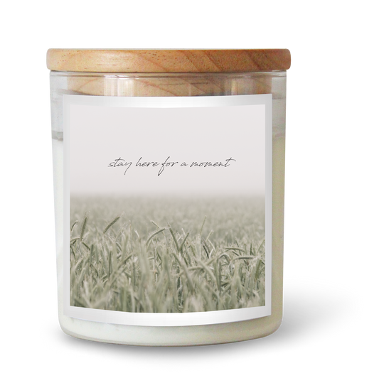 The Commonfolk scented white candle with a wooden lid, features a label with the text 'stay here for a moment' and a background image of a field.