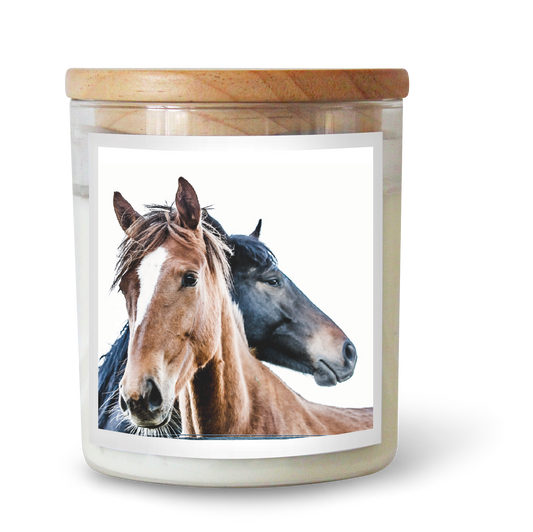 The Commonfolk scented candle has a label featuring two horses, one brown and one black, with a wooden lid on top.