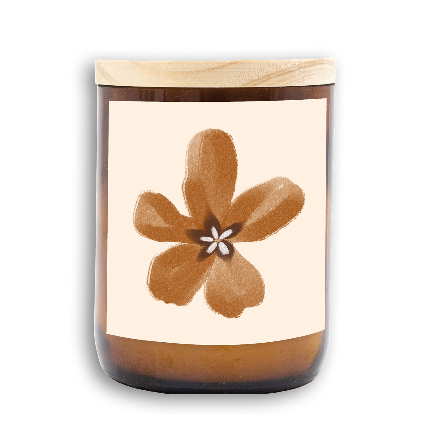 The Commonfolk scented mid-sized candle with a floral design on its label, predominantly white background with a brown flower illustration, housed in an amber jar with a wooden lid.