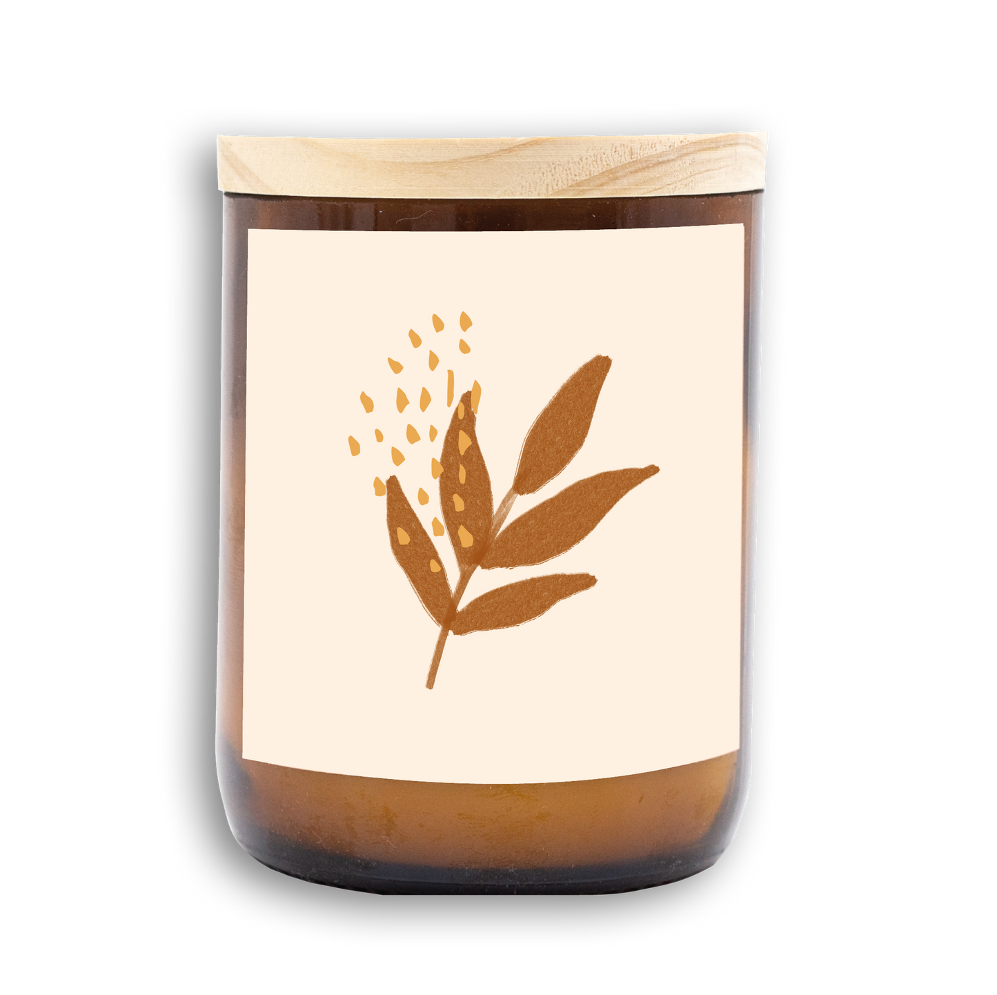 The Commonfolk scented mid-sized candle has a leaf design on its label, predominantly in a beige color, with a wooden lid.