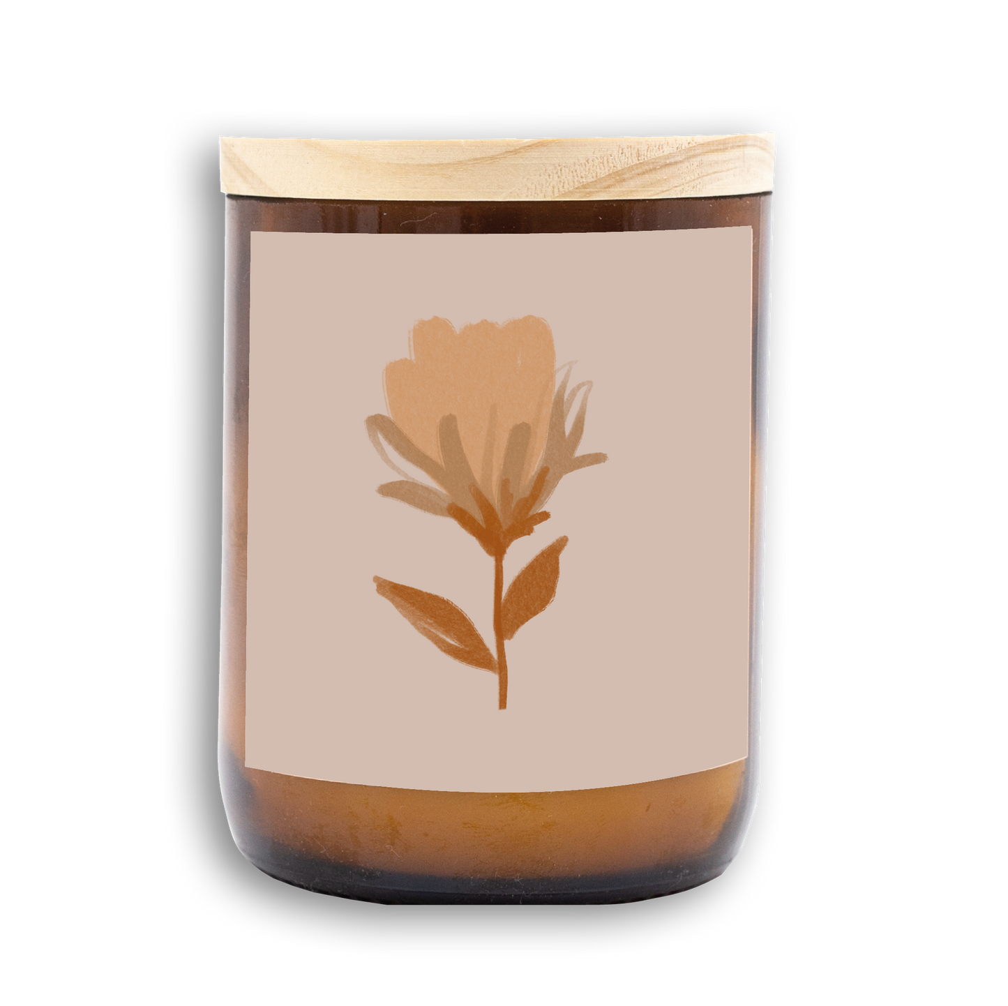 The Commonfolk scented mid-sized candle features a floral design label, a wooden lid, and an amber container.