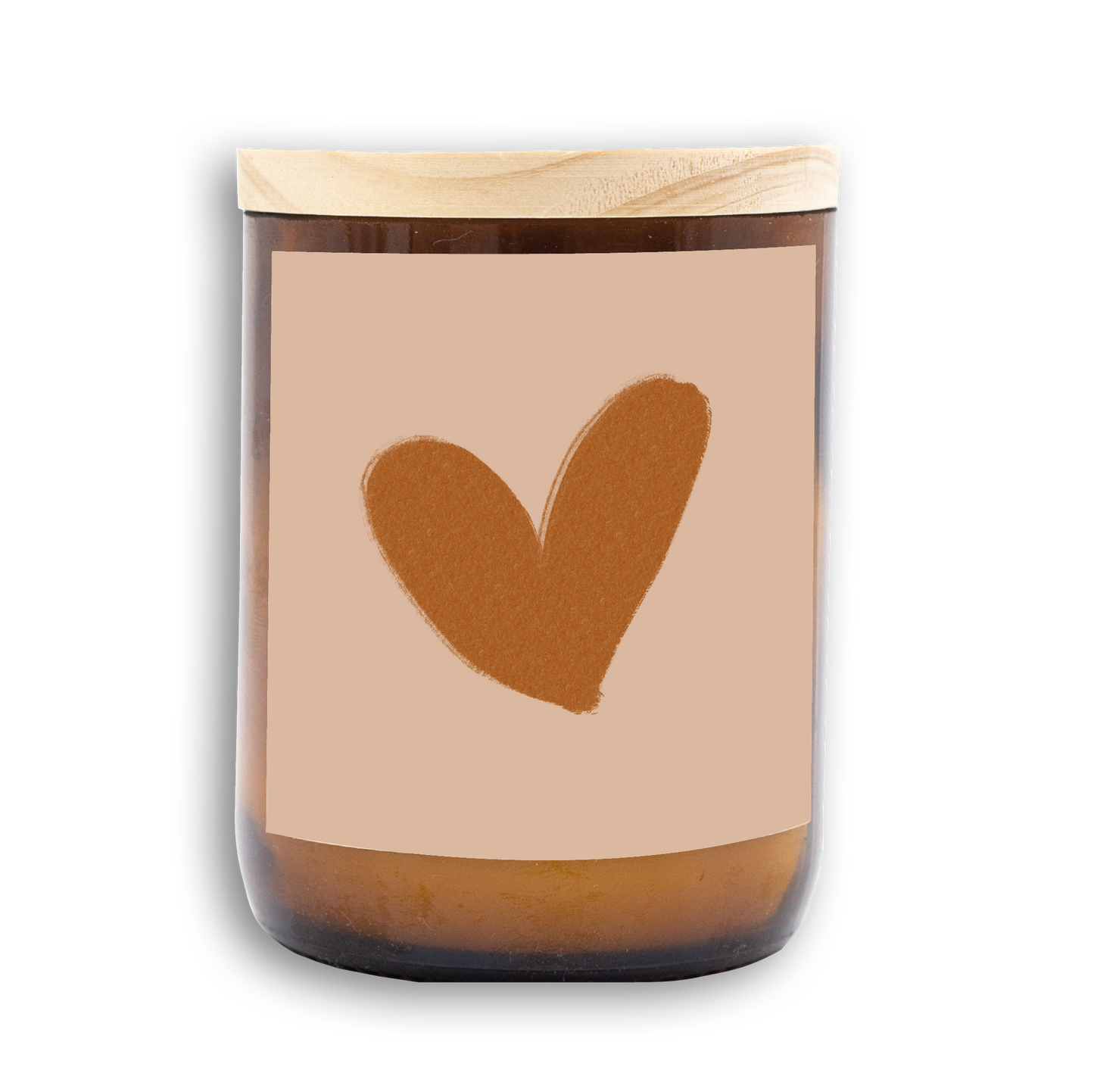 The Commonfolk scented candle features a heart-shaped design on the label, a wooden lid, and an amber-colored jar.