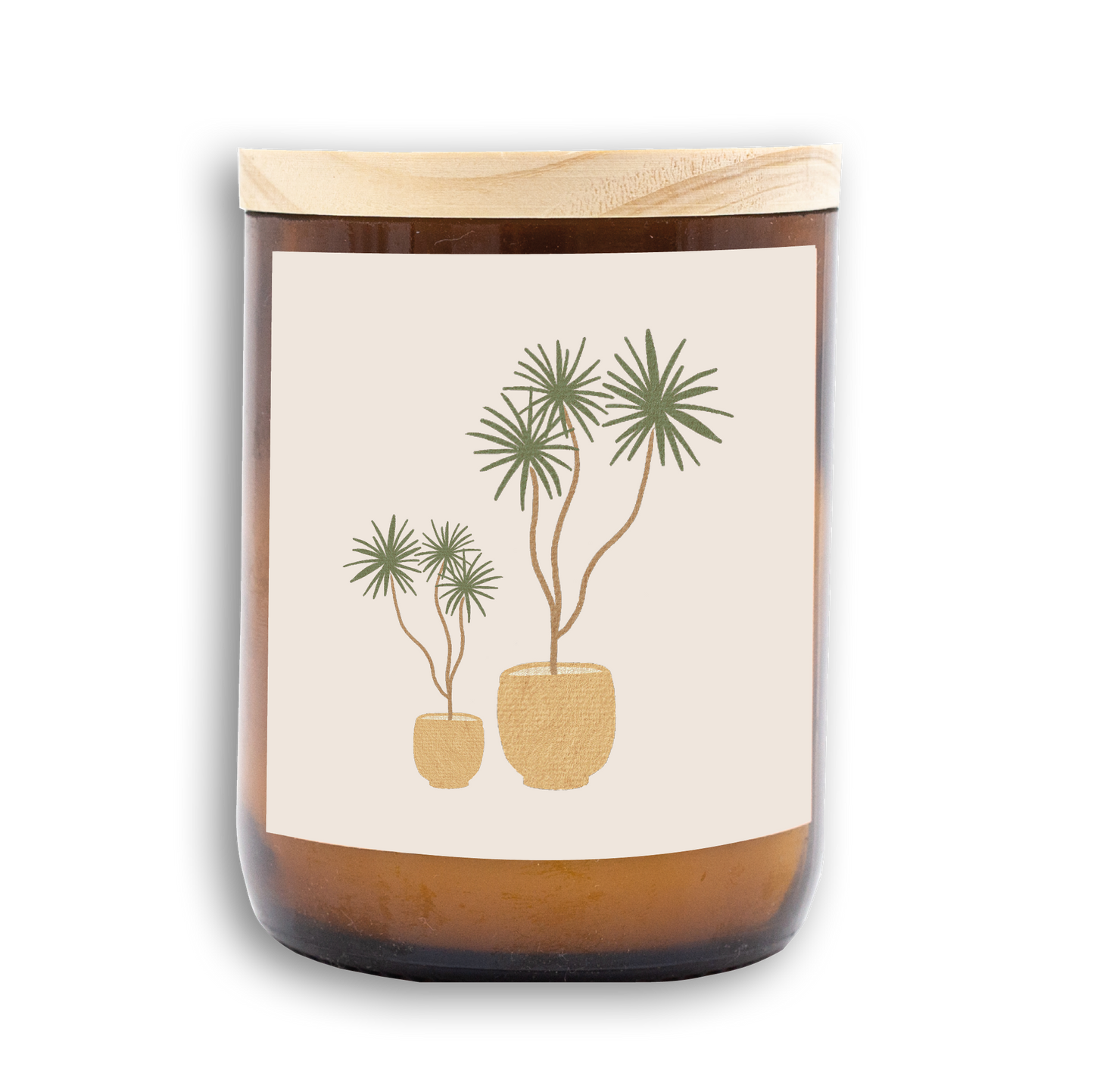 The Commonfolk scented candle with a custom raw wooden lid, featuring an illustration of house plants on the label.