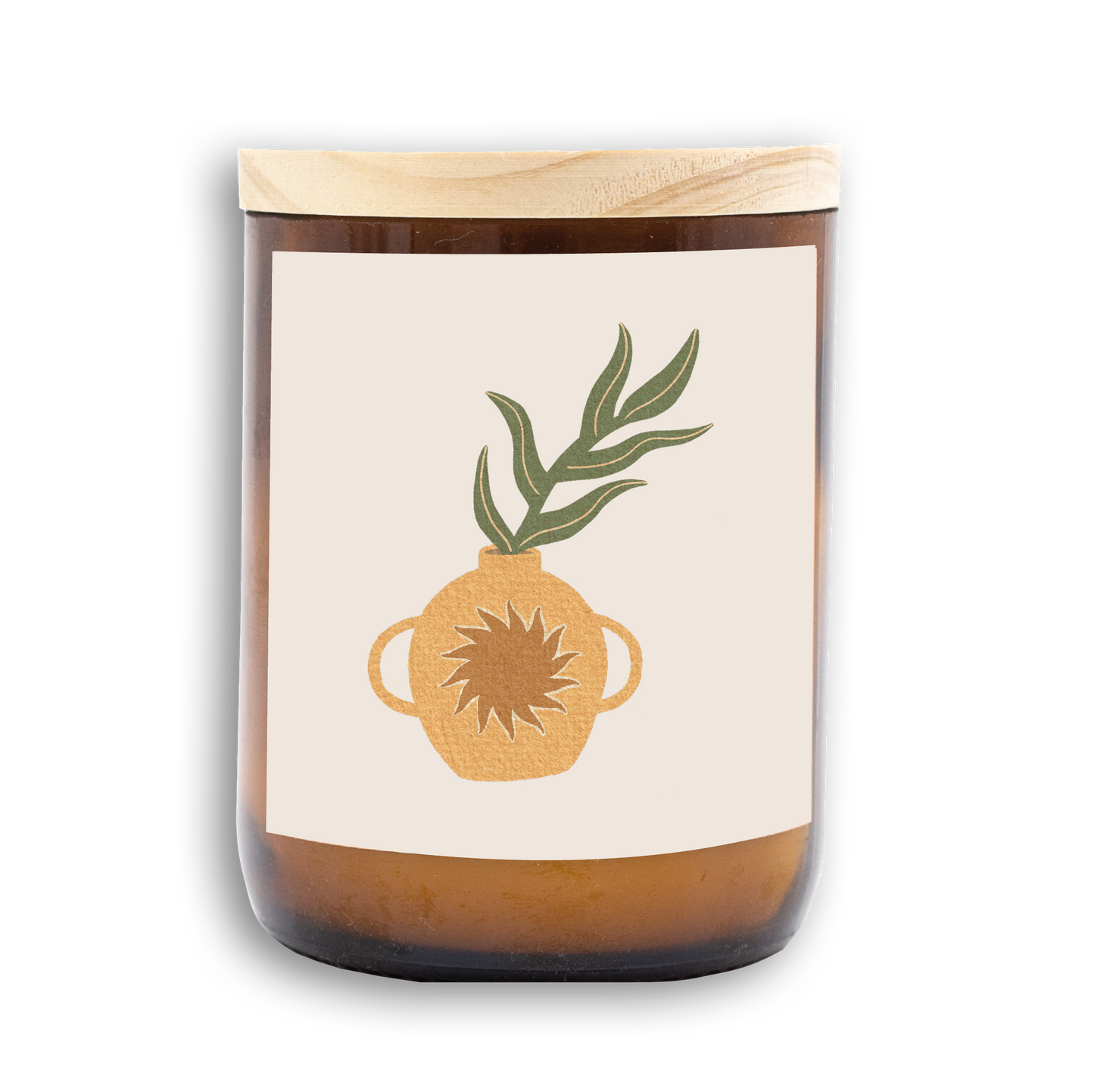 The Commonfolk scented candle with a label featuring an illustration of a plant inside a vase with a sun motif, set against a plain background.