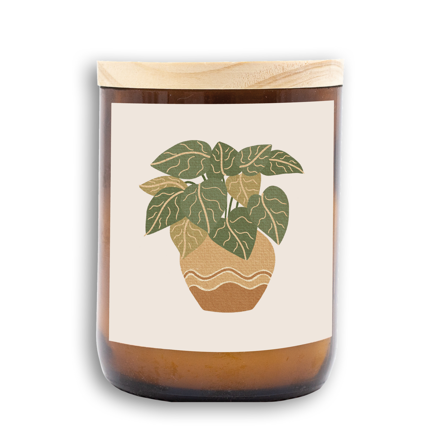 The Commonfolk scented candle features a custom wooden lid and a label with an illustration of a potted house plant set against a white background.