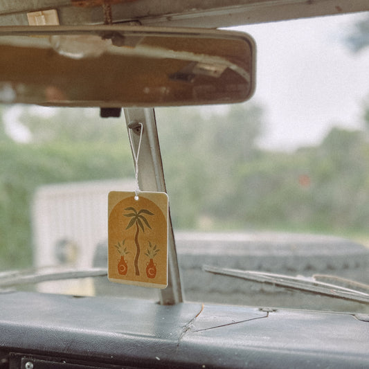 Car air freshener with palm tree design hanging from a car's rearview mirror.