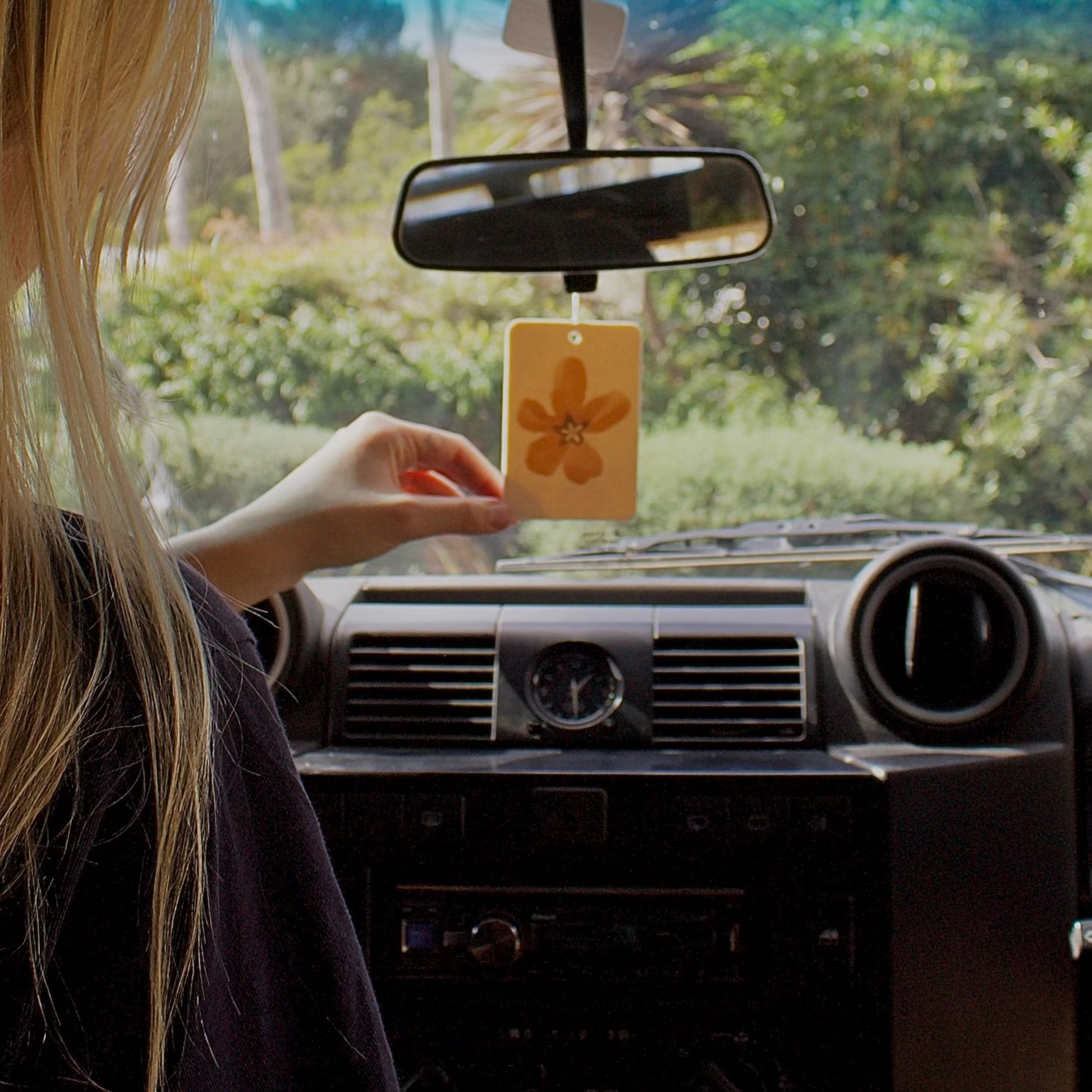 Person holding a flower-shaped air freshener in a car