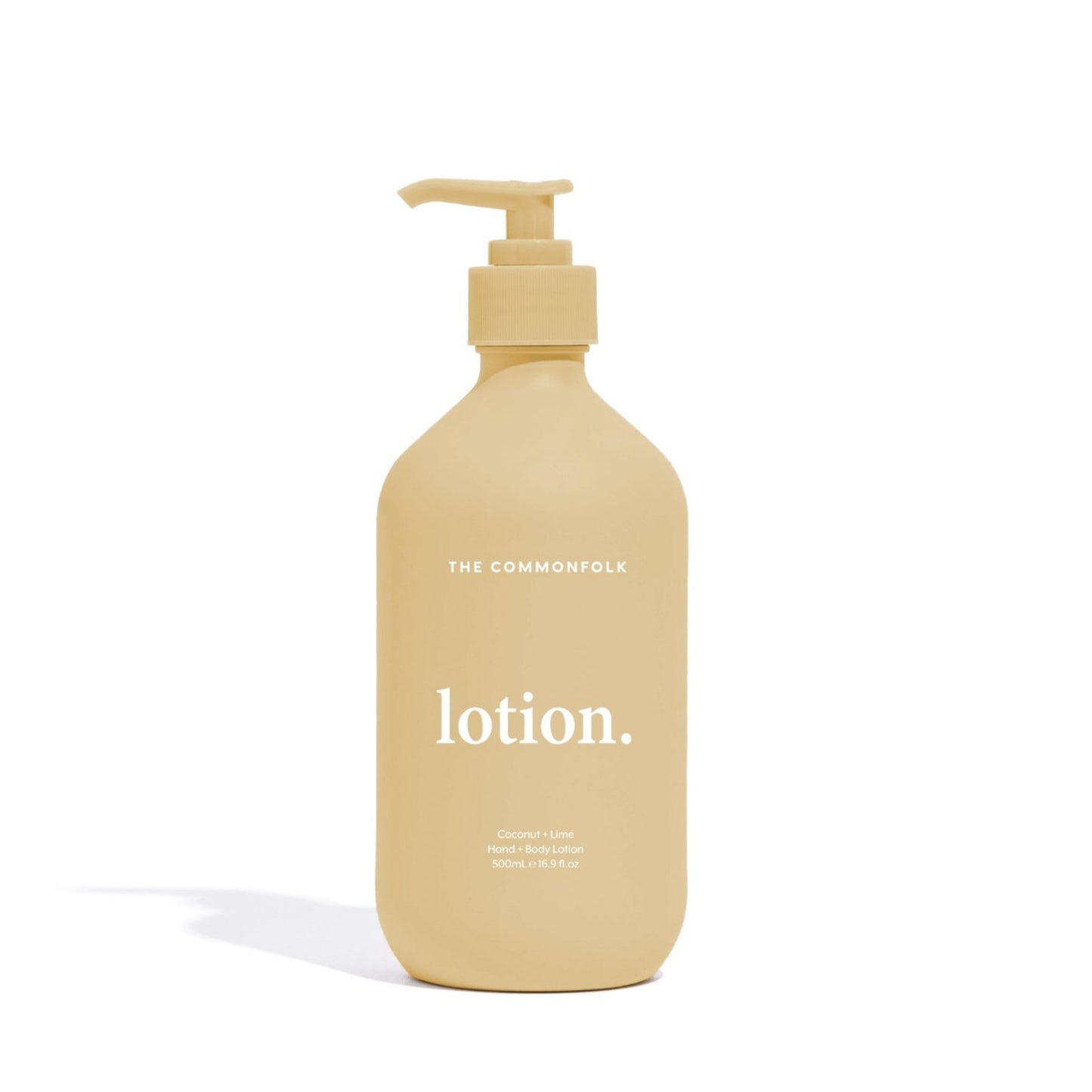 The Commonfolk matte finish 500ml bottle of body lotion with a pump dispenser, labeled 'lotion', has a yellow color.