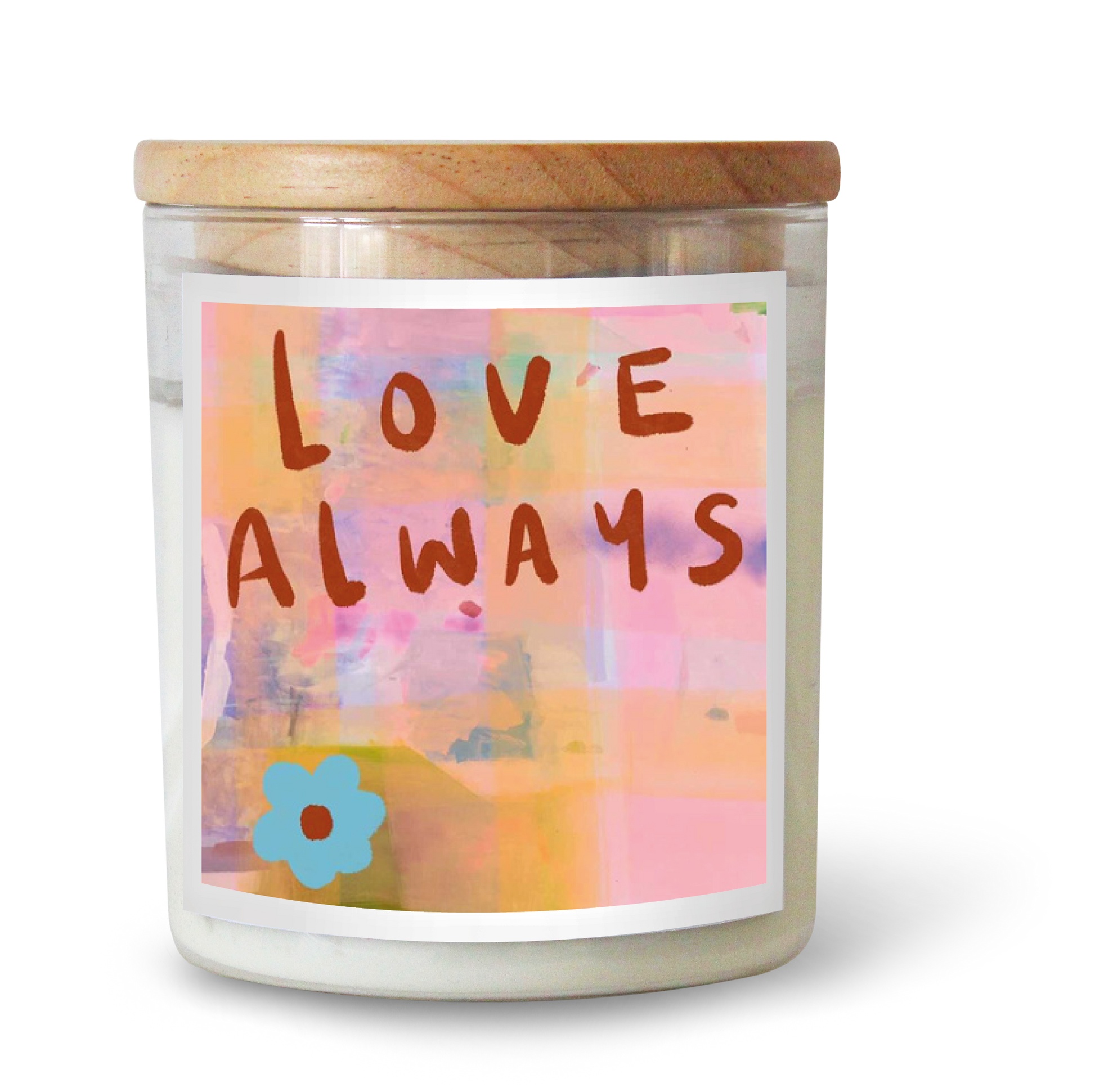 The Commonfolk scented candle has white wax, a wooden lid, and a label that has 'LOVE ALWAYS' written in a floral and colorful design.