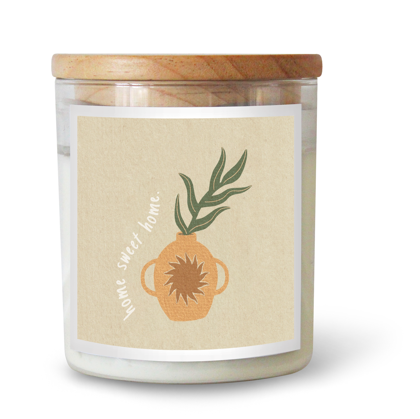 The Commonfolk scented candle has white wax, a beige label featuring a plant and the text 'home sweet home,' and a wooden lid.