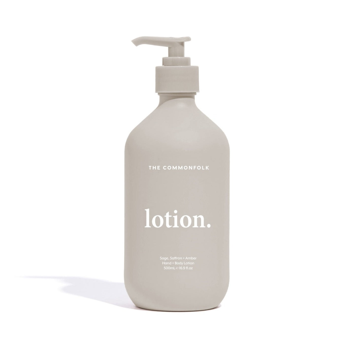 The Commonfolk matte pumice 500ml bottle of body lotion with a pump dispenser, labeled 'lotion.'