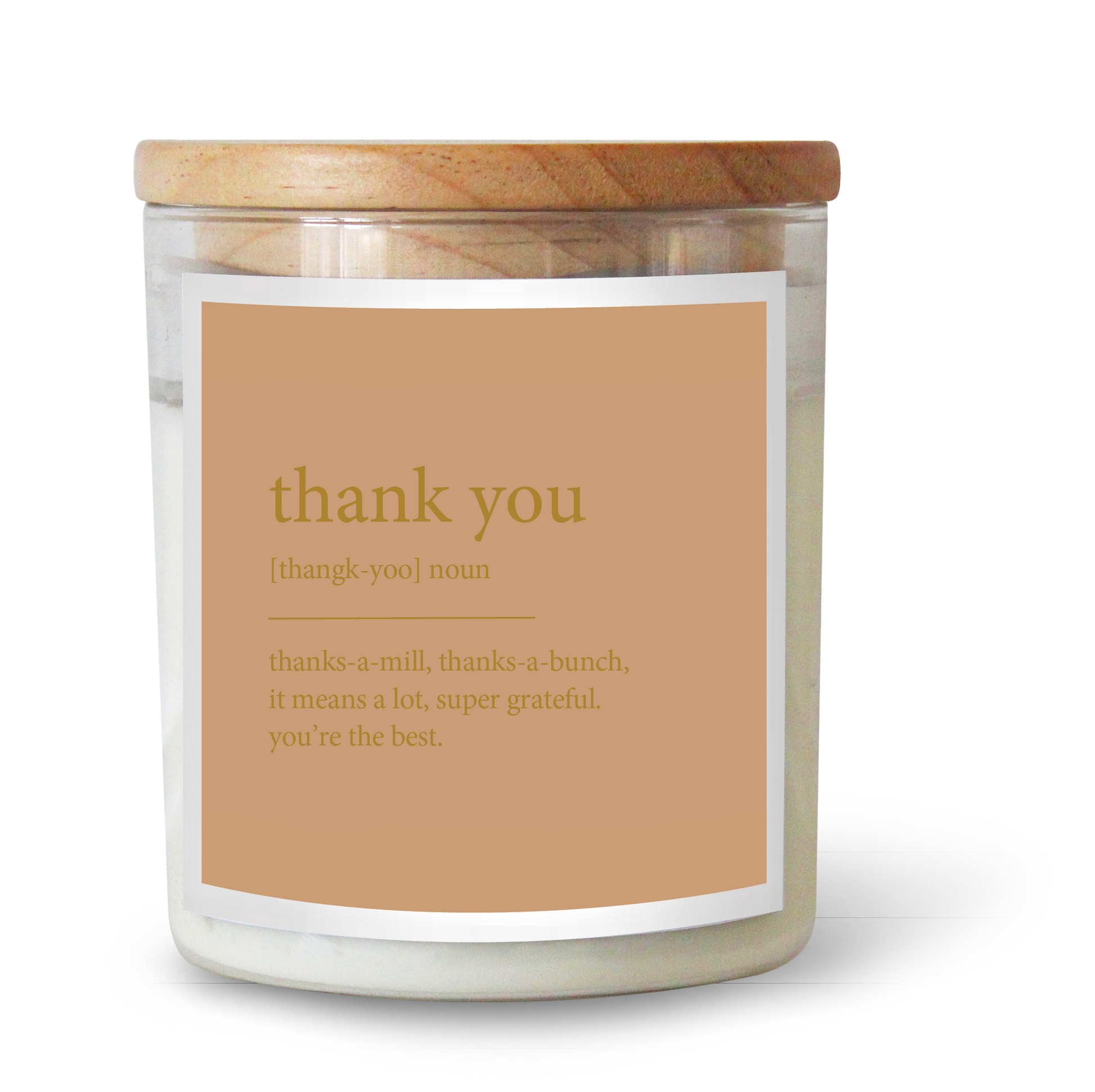 The Commonfolk scented candle has a wooden lid and a label that reads 'thank you' in various fonts, indicating a gratitude theme.