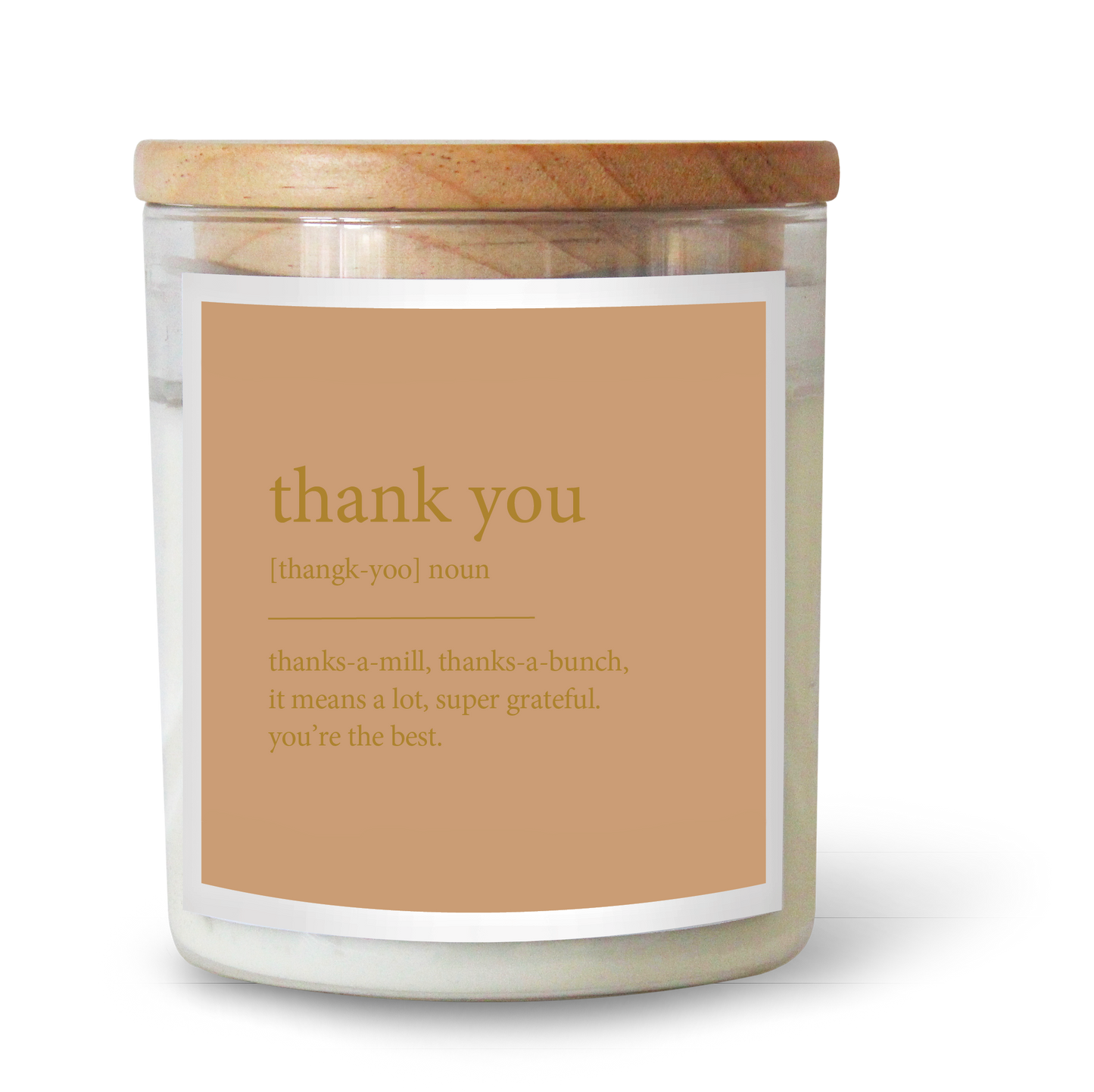 The Commonfolk scented candle has a wooden lid and a label that reads 'thank you' in various fonts, indicating a gratitude theme.