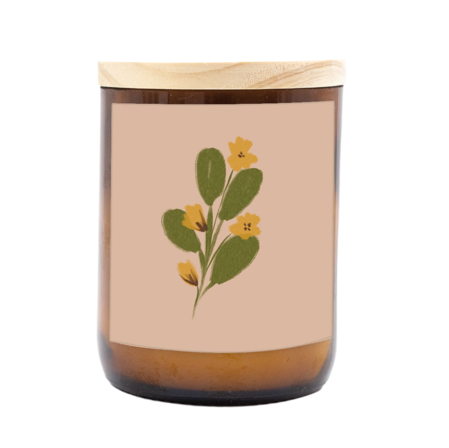 The Commonfolk scented mid-sized candle has a floral design on its container, featuring yellow flowers and green leaves, with a wooden lid.