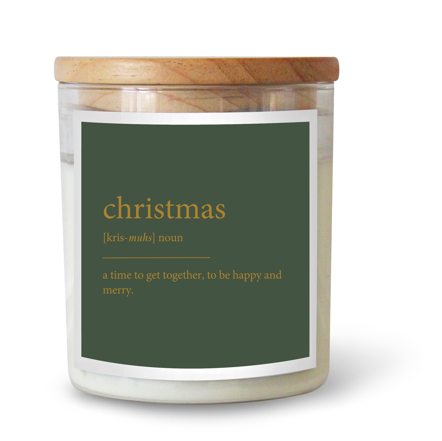 The Commonfolk scented white candle with a wooden lid and a green label that reads 'christmas' and its definition.