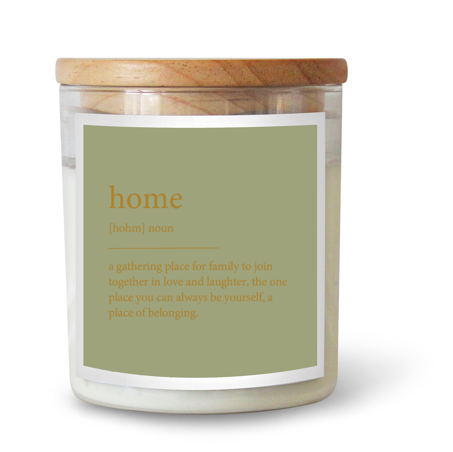 The Commonfolk scented white candle in a glass jar with a wooden lid features a green label with the word 'home' defined as a gathering place for family and friends.
