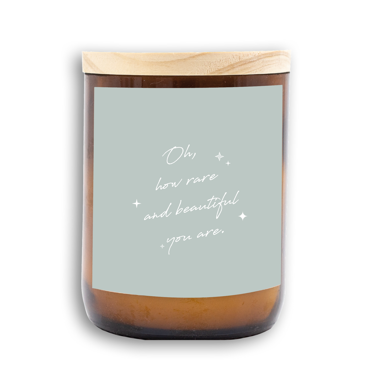 The Commonfolk scented candle with a wooden lid, glass jar, and a label that reads 'Oh, how rare and beautiful you are.'
