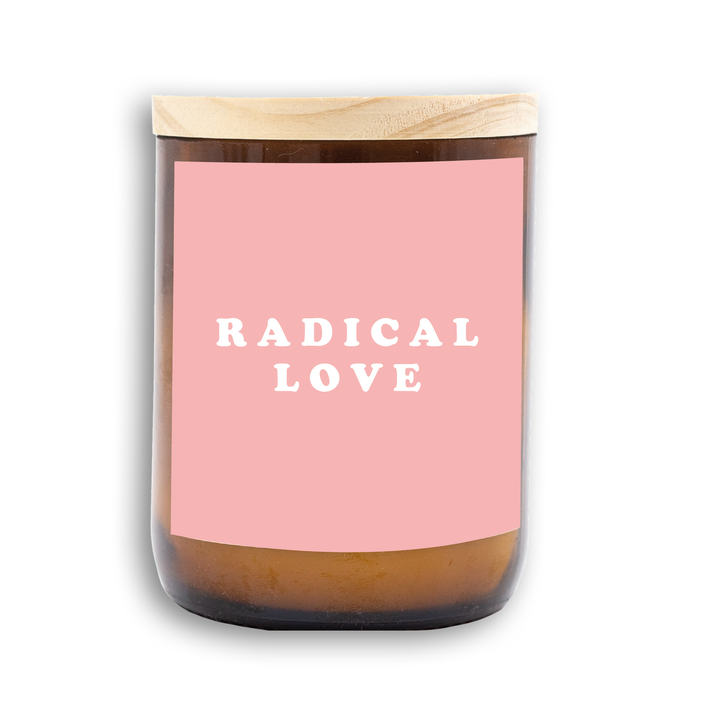 The Commonfolk scented candle with a pink label that reads 'RADICAL LOVE' and a wooden lid.