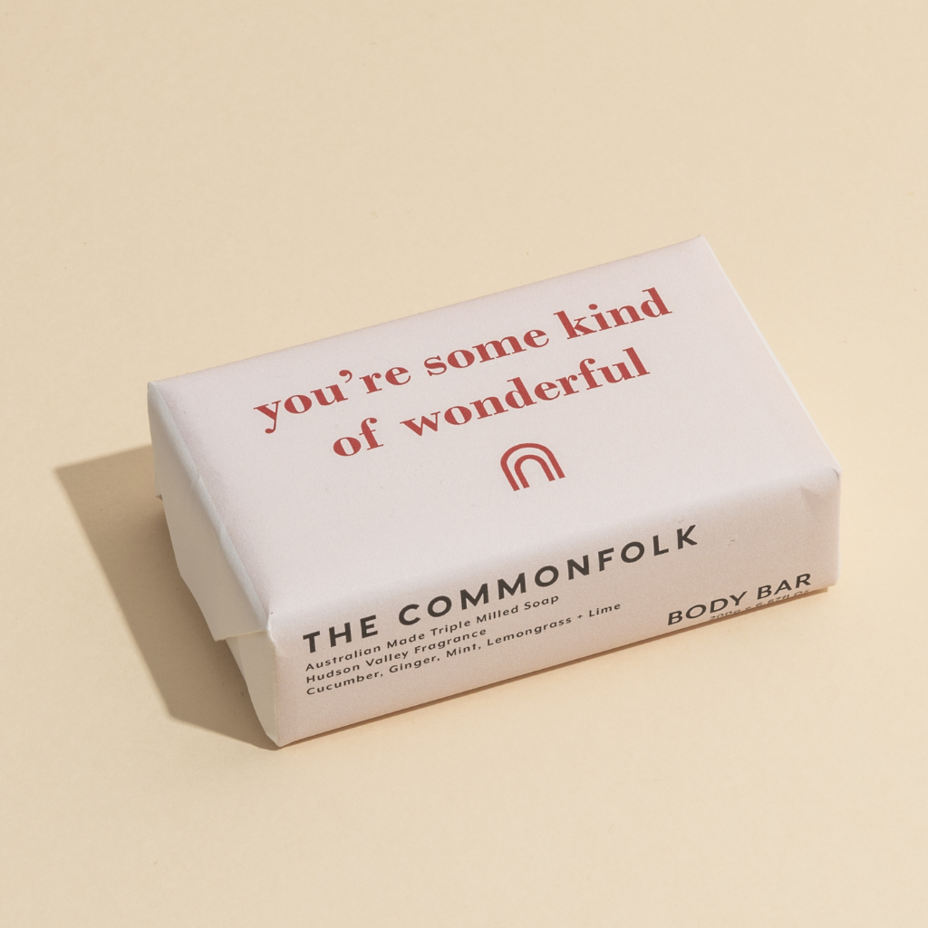 The Commonfolk 200g body bar soap with the text 'you're some kind of wonderful' on the top of the pink wrapper.