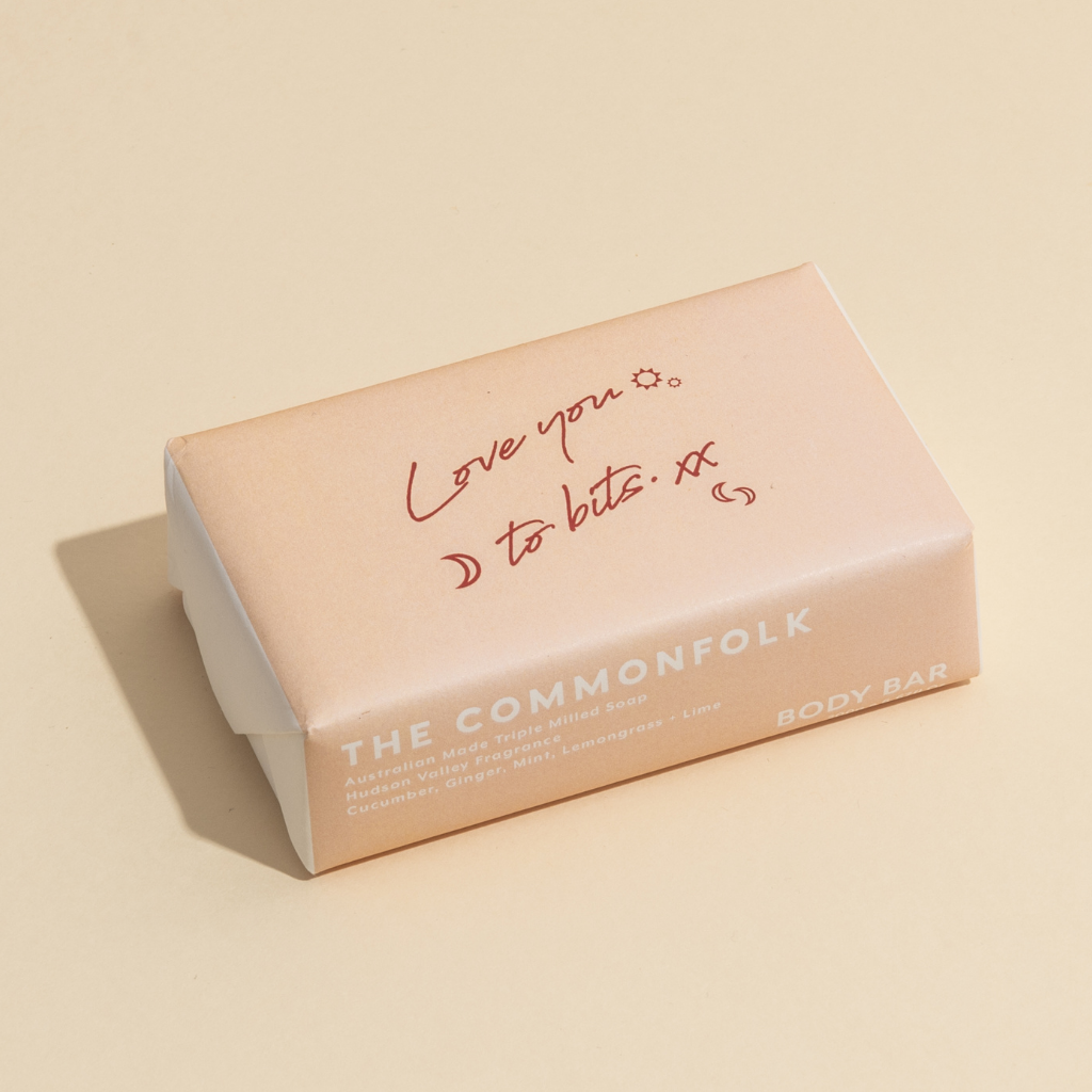The Commonfolk 200g body bar soap with the text 'Love you to bits' on a beige label.