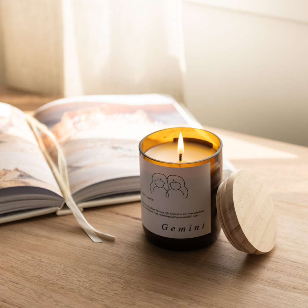 The Commonfolk scented soy wax candle with a wooden lid, labeled 'Gemini', burning on a wooden surface with a book and a candle holder in the background.