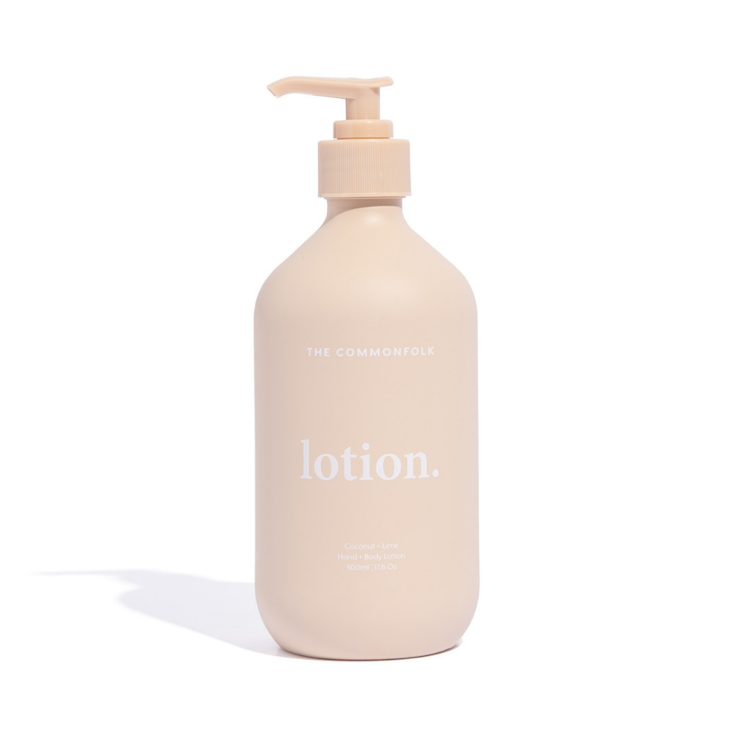 The Commonfolk matte nude 500ml bottle of body lotion with a pump dispenser, labeled 'lotion.'