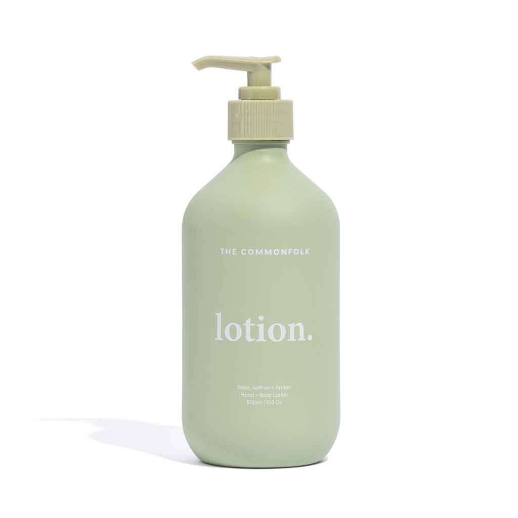 The Commonfolk matte finish matte green 500ml bottle body lotion with a pump dispenser labeled 'lotion.'