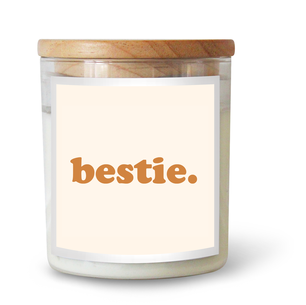 The Commonfolk scented white candle with a wooden lid, labeled 'bestie' in orange font on a clear label.