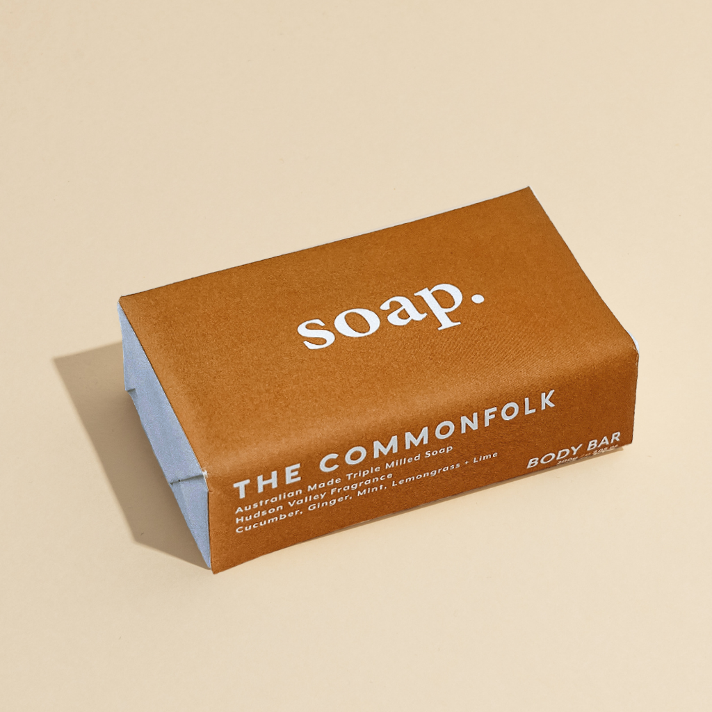 The Commonfolk 200g body bar soap is labeled 'soap' in a brown wrapper.