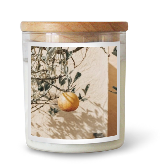 The Commonfolk scented white candle with a wooden lid and a label featuring a lemon and foliage design.