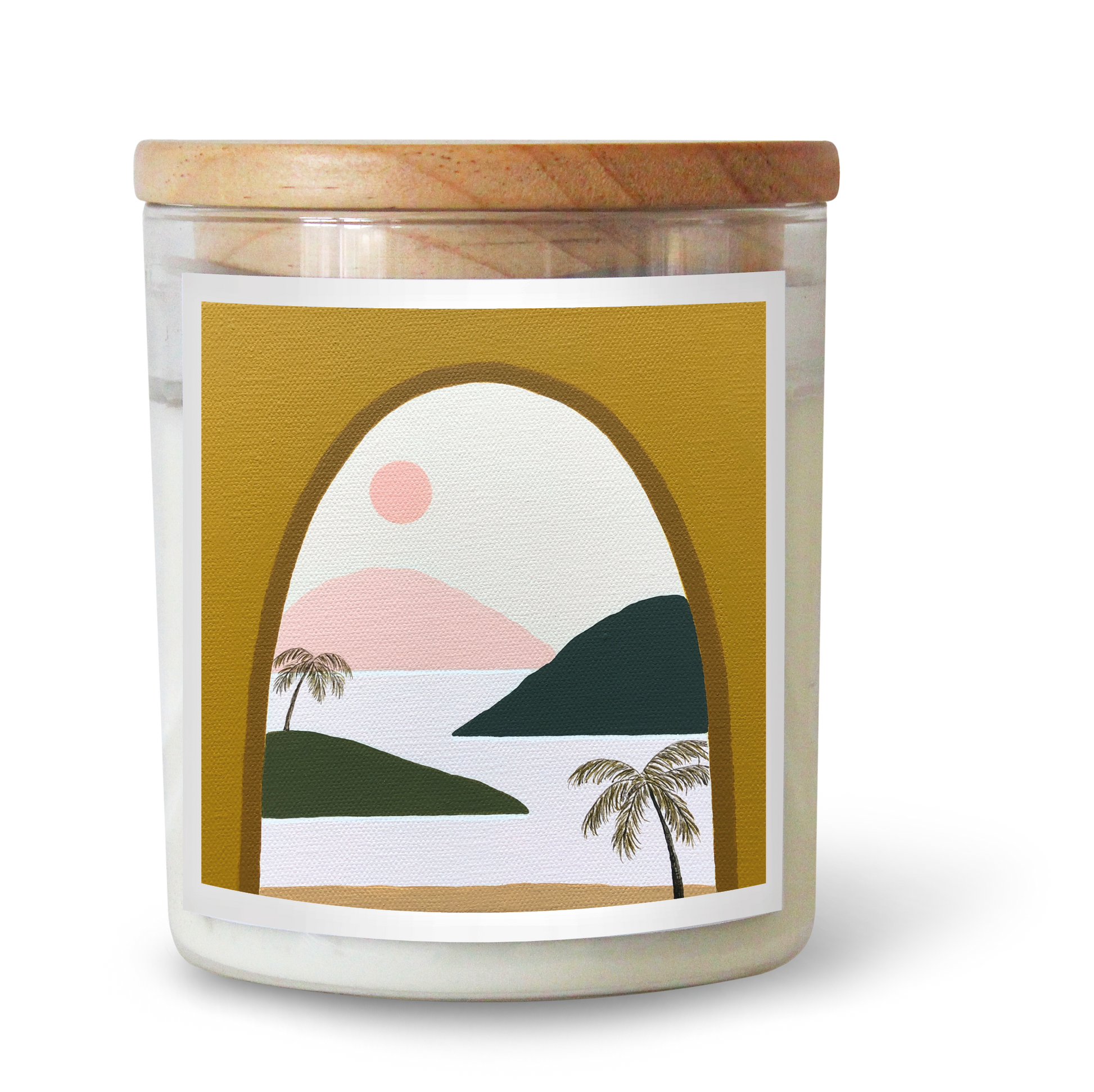 The Commonfolk scented candle comes in a clear jar with a wooden lid, featuring a printed label with a geometric design and a depiction of a sunset or sunrise scene with mountains and palm trees.