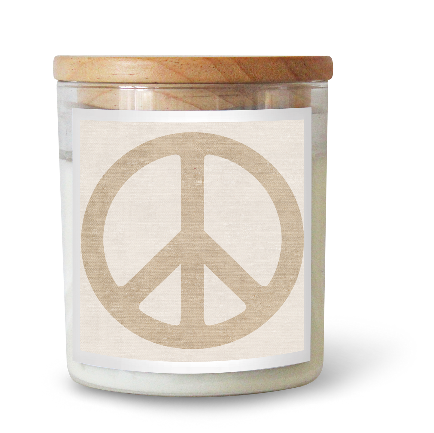 The Commonfolk scented candle, with a peace sign design on the label, is predominantly white with a wooden lid.