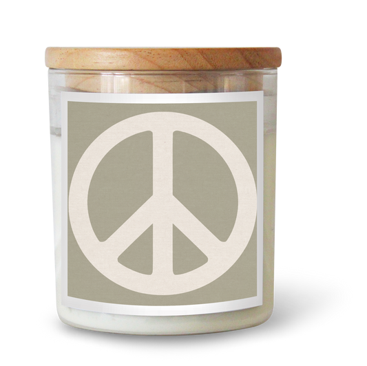 The Commonfolk scented candle features a peace sign design on the label, which is predominantly white with a wooden lid and a sage peace symbol.