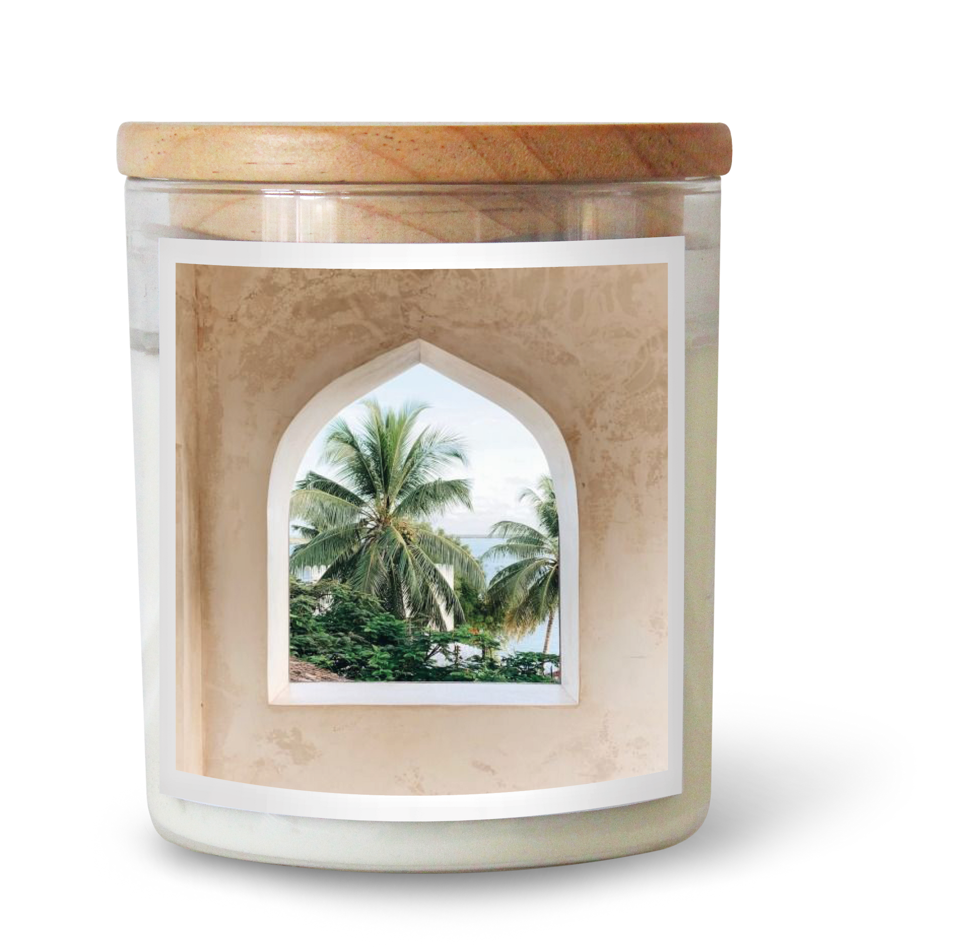 The Commonfolk scented candle features white wax and a window-like design on the label showcasing a tropical scene with palm trees.