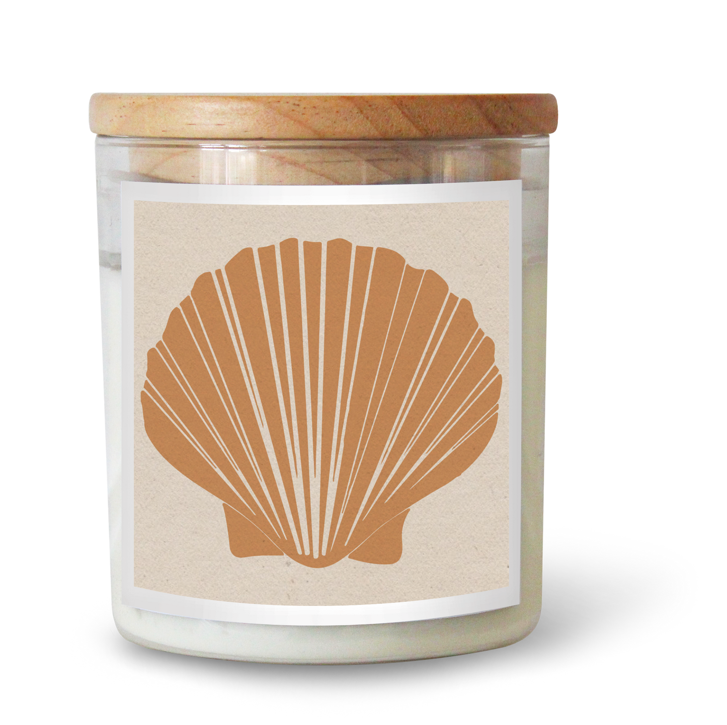 The Commonfolk scented candle features a clear jar, a tan shell design on the label, and has a wooden lid on top.