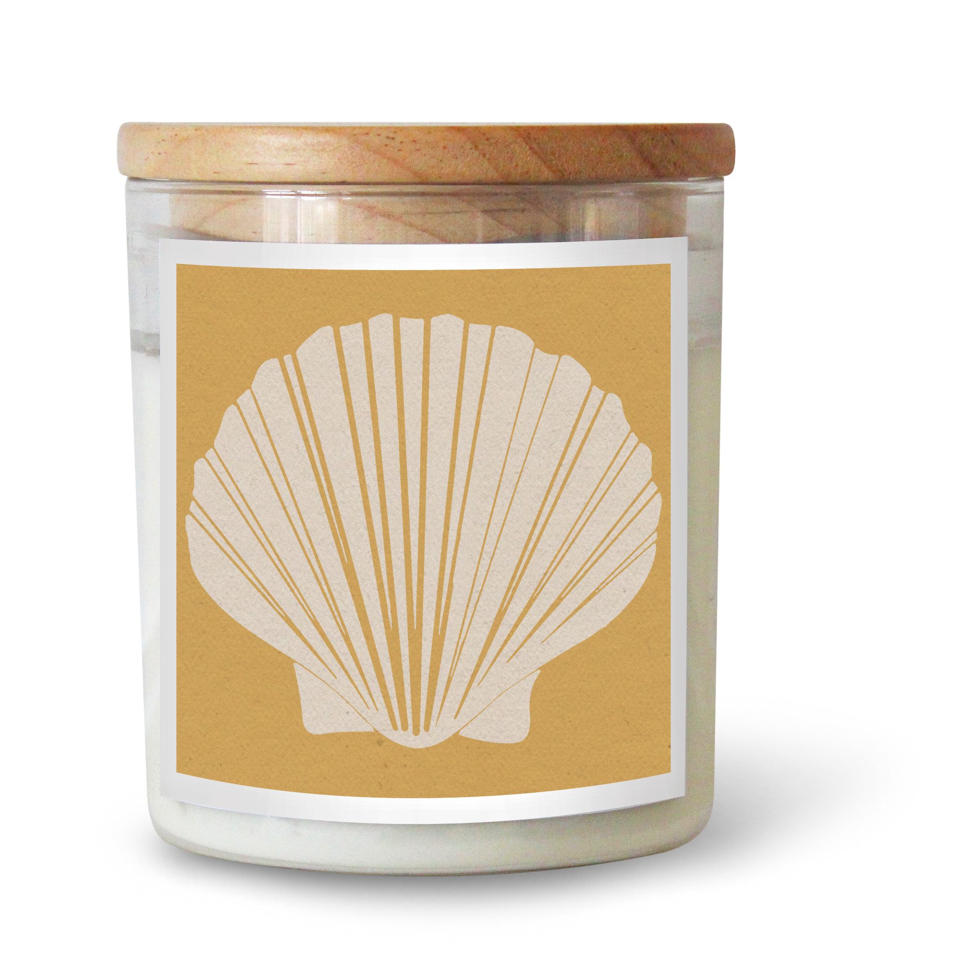 The Commonfolk scented candle has a beige label featuring a fan shell design, predominantly gold in color, with a wooden lid.