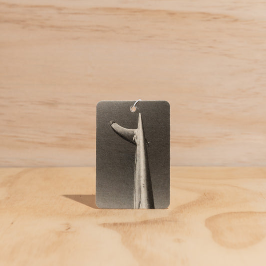 The Commonfolk air freshener is displayed on a wooden surface, with a fin print on the label.