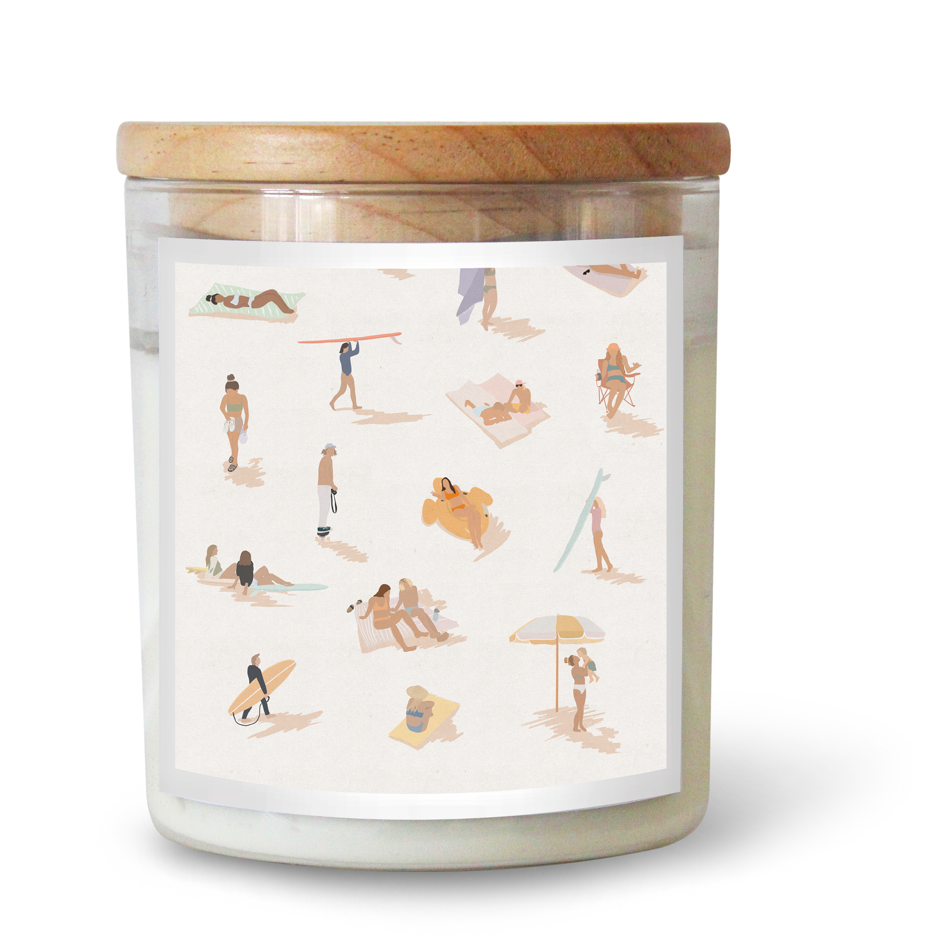 The Commonfolk scented white candle with a wooden lid, featuring illustrations of people engaging in various beach activities on the label.