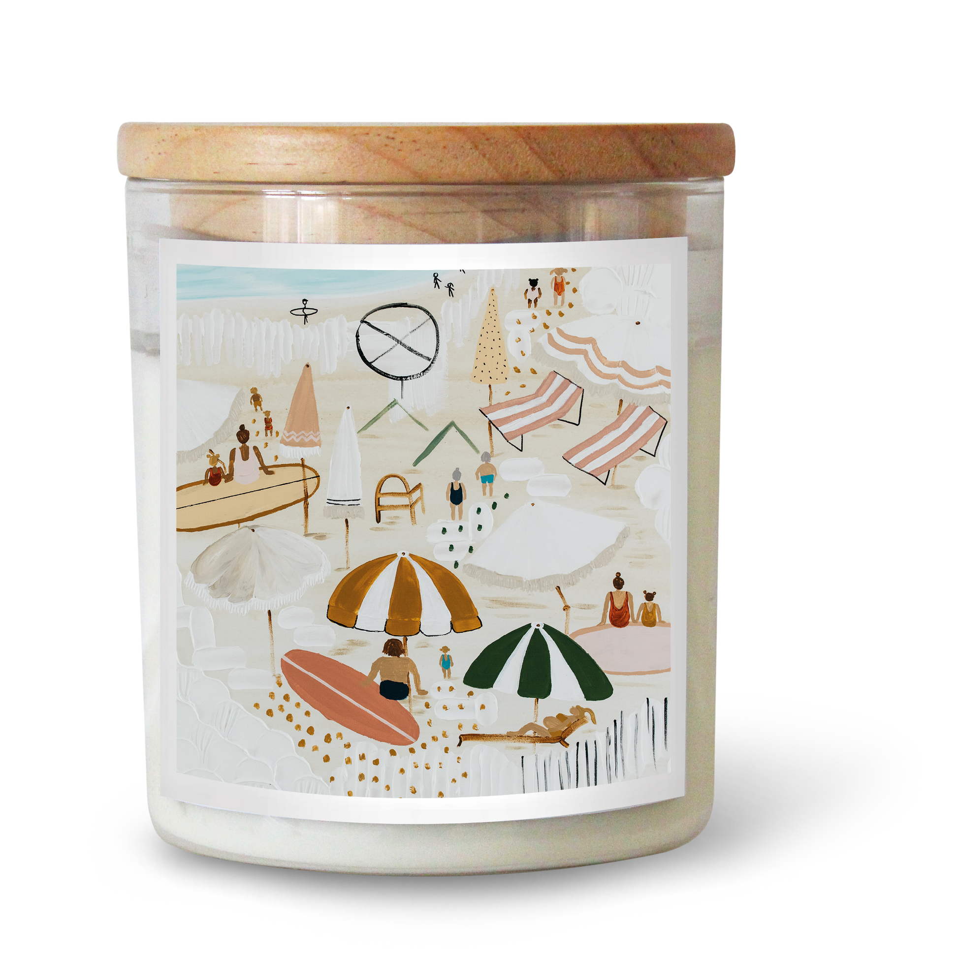 The Commonfolk scented candle features a label with an artistically illustrated beach scene, complete with people, umbrellas, and surfboards.