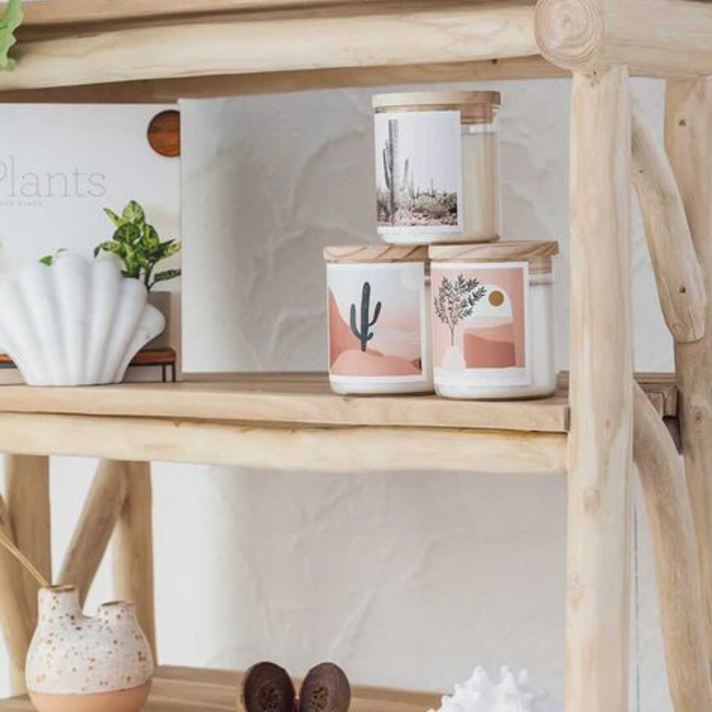 A shelf displaying various candles, plants, and decorative items arranged harmoniously.