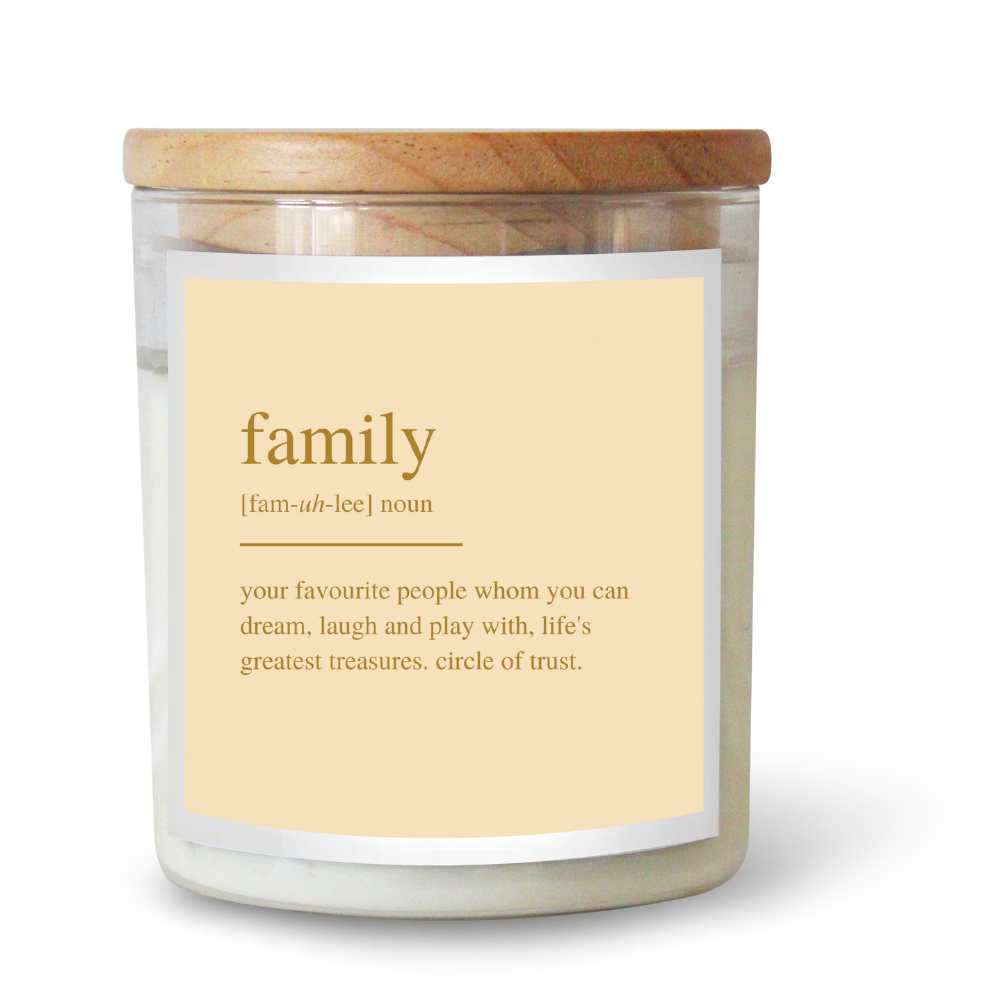 The Commonfolk scented white candle with a wooden lid, and a label that defines 'family' as 'your favourite people whom you can dream, laugh and play with, life's greatest treasures'.