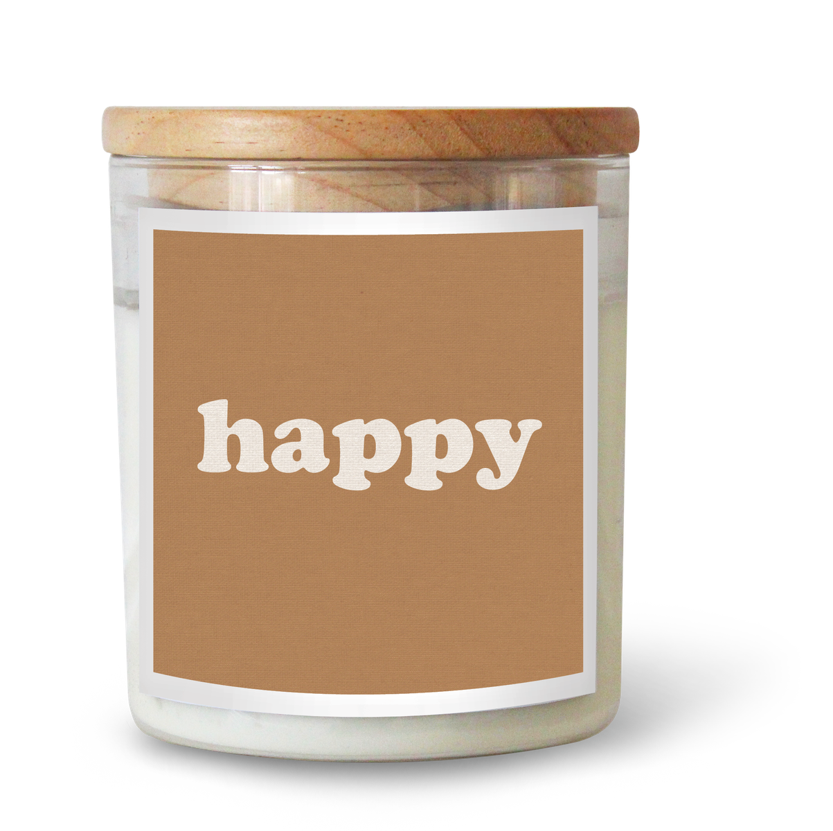 The Commonfolk scented candle has a beige label with the word 'happy' written on it, a wooden lid, and a white wax container.