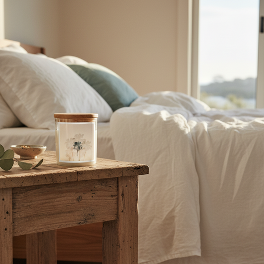 A rustic wooden bedside table in a softly lit bedroom, holding a white jar candle with a bamboo lid and a small bowl. A bed with white linens and pillows sits in the background near a window.