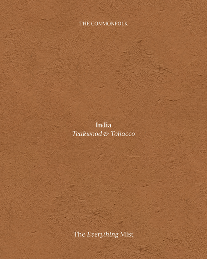 Brown textured product packaging with 'The Commonfolk' branding and text 'India Teakwood & Tobacco'.