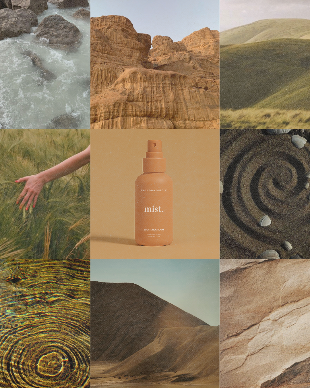 Collage of natural landscapes with a bottle labeled 'mist.' in the center.