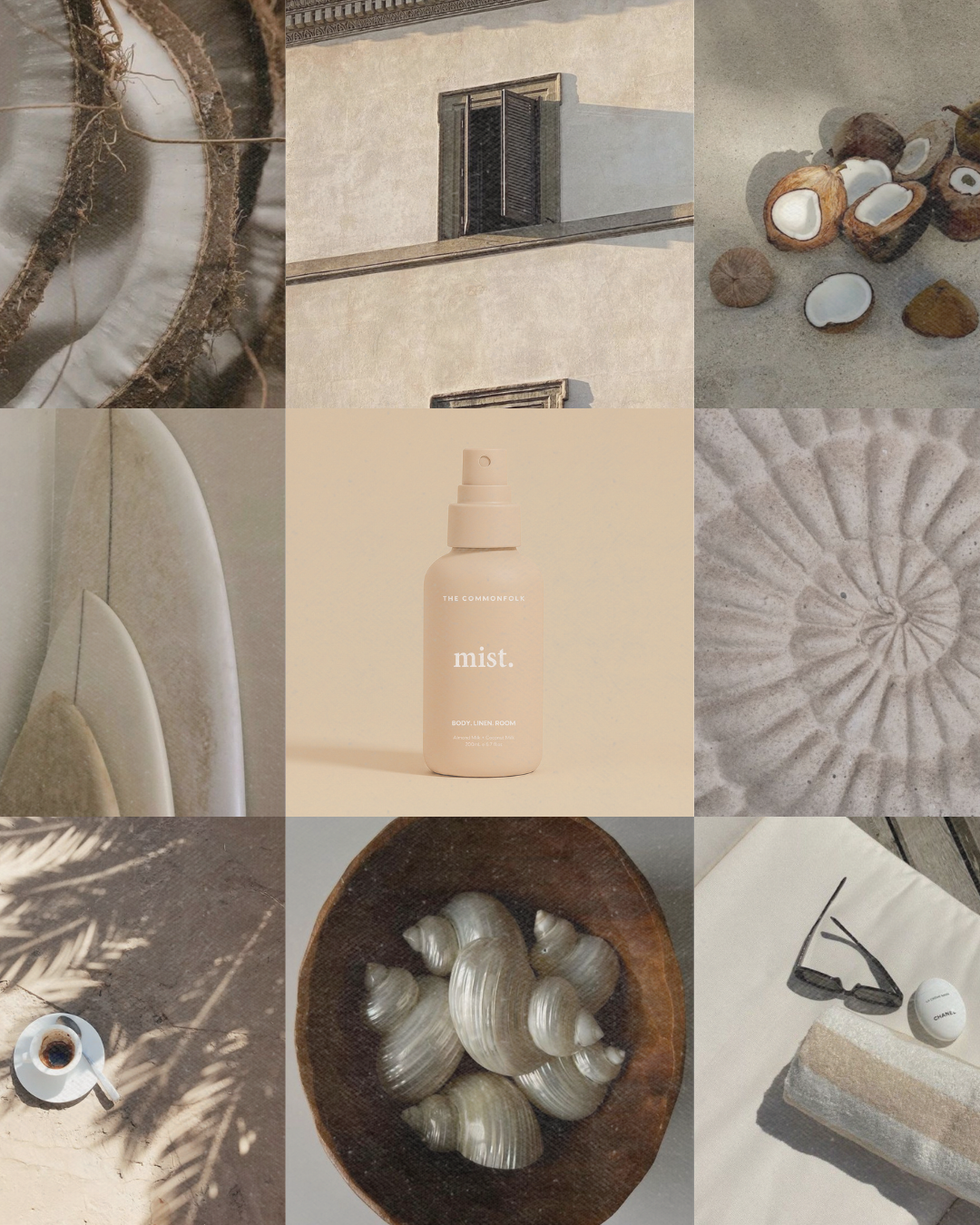 Collage of various natural elements and products with a neutral color palette.