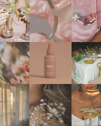 Collage of various images including a bottle labeled 'mist', floral arrangements, and elegant settings.