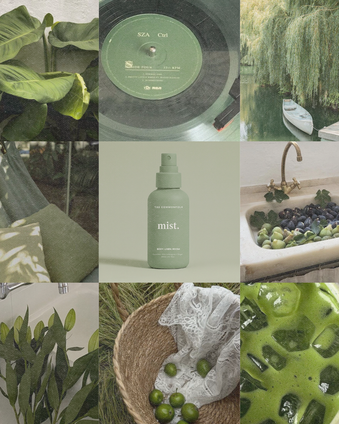 Collage of green-themed images including plants, a record, a bottle labeled 'mist', and a kitchen scene.